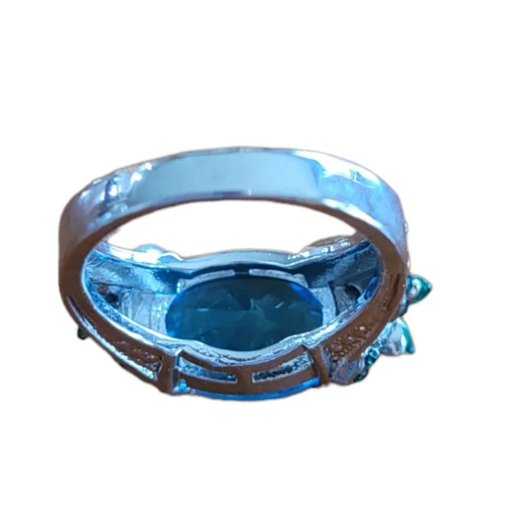 Oval Blue Gemstone Silver Tone‎ Ring with Green Rhinestone Leaves Size 8.5